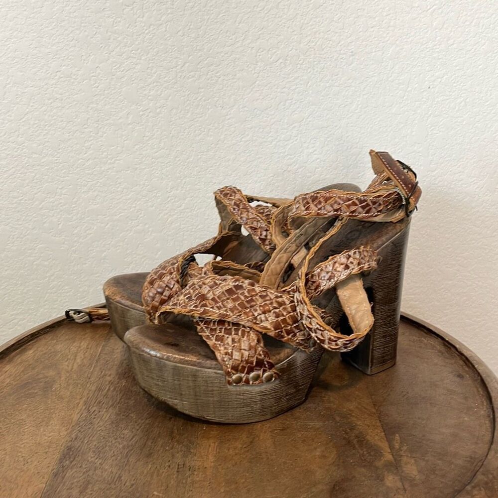 Roan Rodeo Tan Brown Leather Lynlee Heeled Platform Sandals Women's Size 8